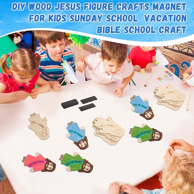 Blueweenly 24 Sets DIY Wood Jesus Figure Crafts Magnet for Kids Sunday School Vacation Bible School Craft Color Your Own Jesus Loves You Magnet with Magnets and Color Pens for Activity Easter