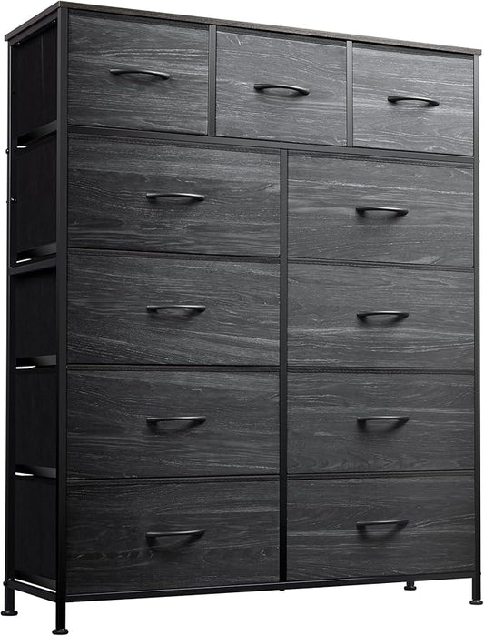 WLIVE Tall Dresser for Bedroom, Fabric Dressers Storage Tower, Dresser & Chest of Drawers with 11 Drawers, Storage Cabinet, Hallway, Closets, Steel Frame, Wood TopCharcoal Black Wood Grain Print