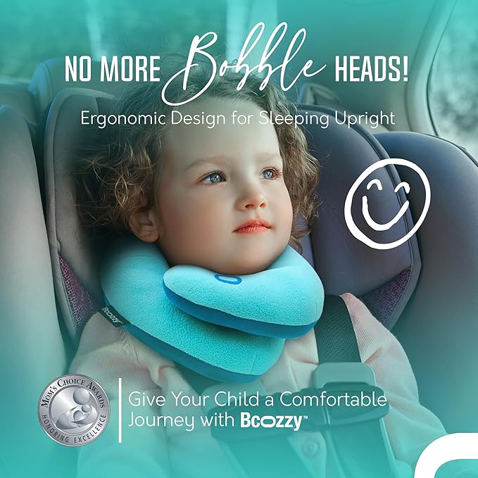 BCOZZY Kids Chin Supporting Travel Pillow for Ages 3–7- Patented Soft Neck Pillow for Head and Chin Support in Car Seat and Airplane. Comfortable Travel Essential. Small Size, Bag, Light Blue
