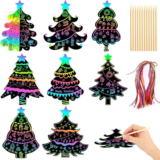 FEBSNOW 48 PCS Christmas Crafts for Kids, Magic Rainbow Christmas Scratch Art Paper Cards Christmas Tree Hanging Ornaments Christmas Gifts for Party Favors Games