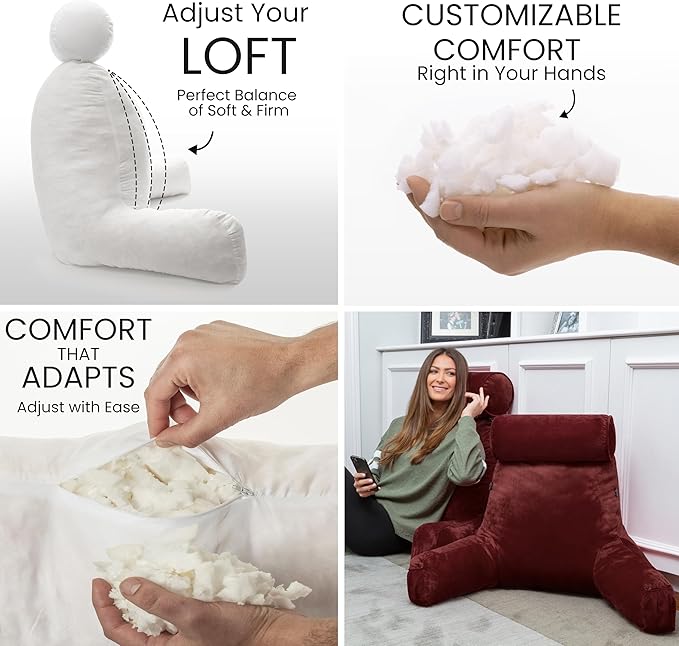 Husband Pillow Medium Maroon, Backrest for Kids, Teens, Petite Adults - Reading Pillows with Arms, Adjustable Loft, Plush Memory Foam, Bed Rest Chair for Sitting Up, Detach Neck Roll, Removable Cover