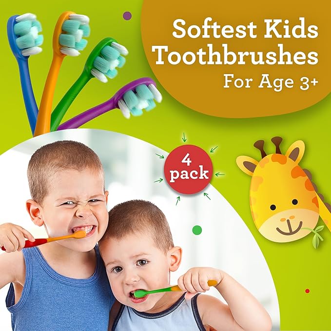 GuruNanda Butter On Gums Kids Toothbrush - 4 Pack Extra Soft Bristles Toothbrush for Kids, Multi-Colored & Fun to Use for Beginner Cleaning - Ergonomic Grip Handle - BPA & Cruelty-Free (Age 3+)