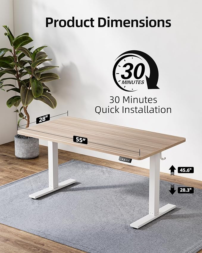 TIQLAB 55 * 28 Inches Standing Desk, Adjustable Height Stand up Desk,Sit Stand Home Office Table with Splice Board, Light Walnut