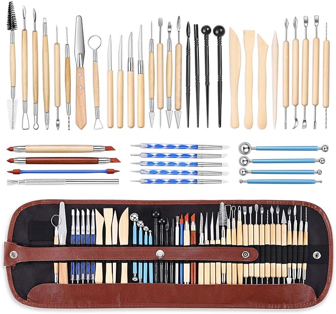 ISSEVE Pottery Clay Sculpting Tools 43Pcs Double Sided Ceramic Clay Carving Tool Set with Carrying Case Bag for Beginners Professionals School Student Pottery Modeling Smoothing
