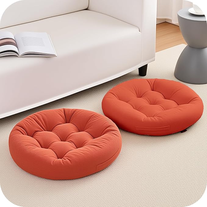 2Pcs Floor Pillows for Adults, 22x22x6 Inch Meditation Cushions, Large Round Sitting Cushion Living Room Memory Foam Pillow for Sitting (2, Orange, 22x22x6 Inch)