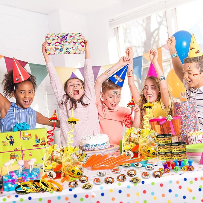 HyDren 194 Pcs Construction Party Favors for 16 People Include Straws Bubble Wands Bracelet Keychain Tattoo Sticker Badge Stamps Cards Organza Bags for Boys Girls Birthday Party Supplies Class Reward