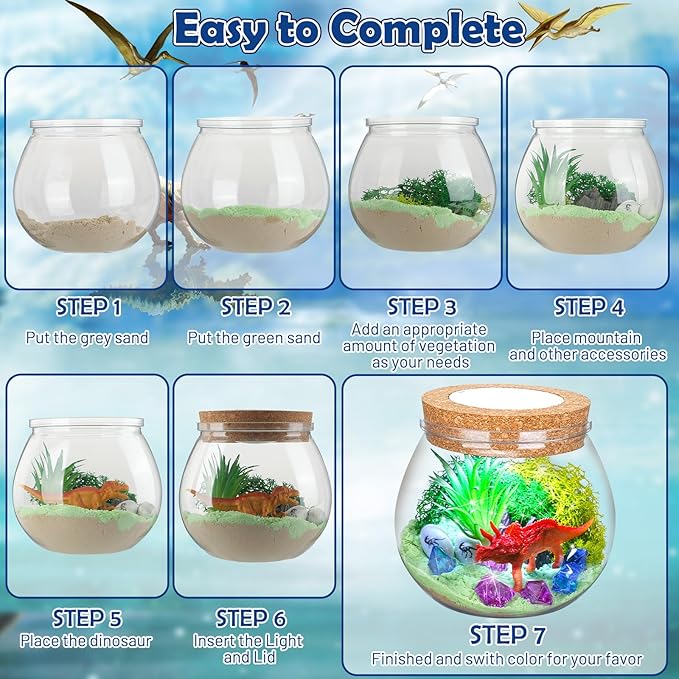 KKUYT Dinosaur Terrarium Kit for Kids, Light Up DIY Dinosaur Painting Craft Kit - Educational Arts and Crafts Science Kit to Build a Dinosaur Habitat, Kids Dinosaur Toys for Boys/Girls Age 4 5 6-12