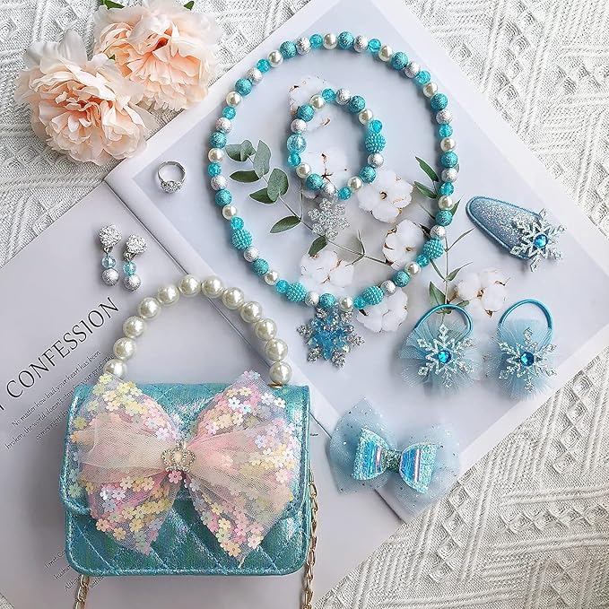 Girl Handbag Purse for Little Girls Kids Pretend Play Dress Up Necklace Hair Accessories Jewelry Set, Light Blue