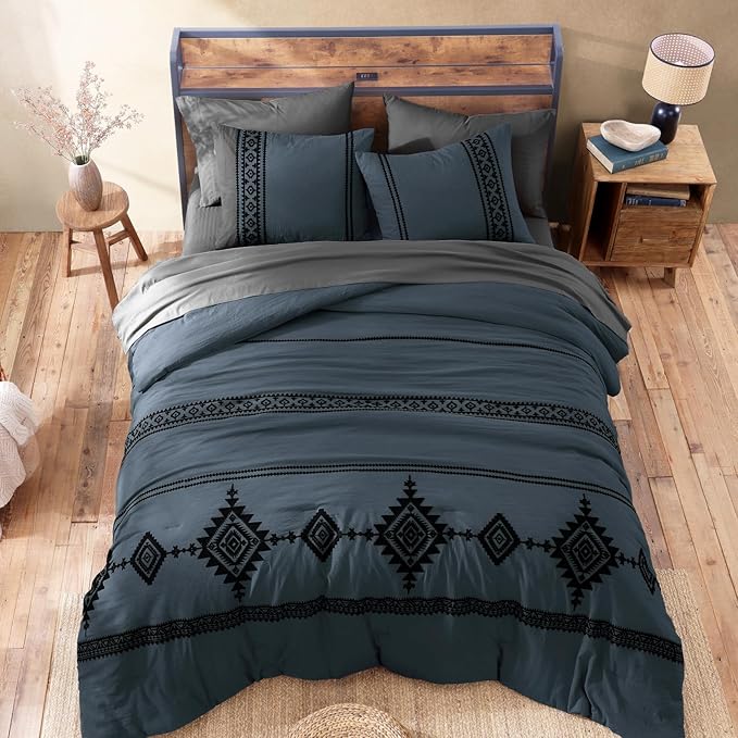 MaiRêve Oversized Queen Comforter Set Blue Grey, Embroidery Western Bedding Set Boho 7 Pieces, Farmhouse All-Season Bed in A Bag with Sheets, Pillowcases & Shams