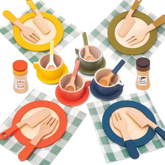 30 PCS Wooden Play Dishes and Plates for Kids, Montessori Wooden Kitchen Accessories Tableware Set Toys for Toddler Gifts, Pretend Play Food Sets for Children Birthday 3 4 5 6 Boys Girls