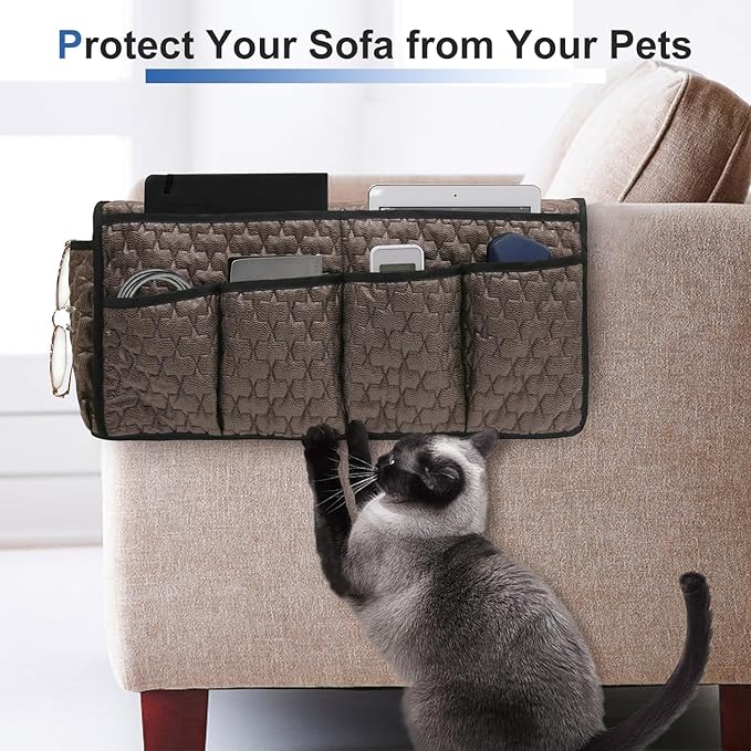 DECKALY TV Remote Control Holder for Armchair, Arm Chair Caddy for Recliner 14 Pockets, Non-Slip Sofa Armrest Organizer Storage for Cell Phone TV Remote Control Magazines (Brown)