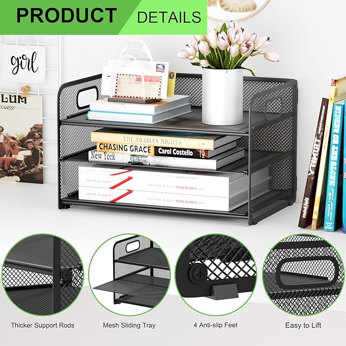 3 Tier Paper Letter Tray Organizer for Desk, Mesh File Folder Document Organizer with Handle for Home Office Supplies Desktop Accessories, Black