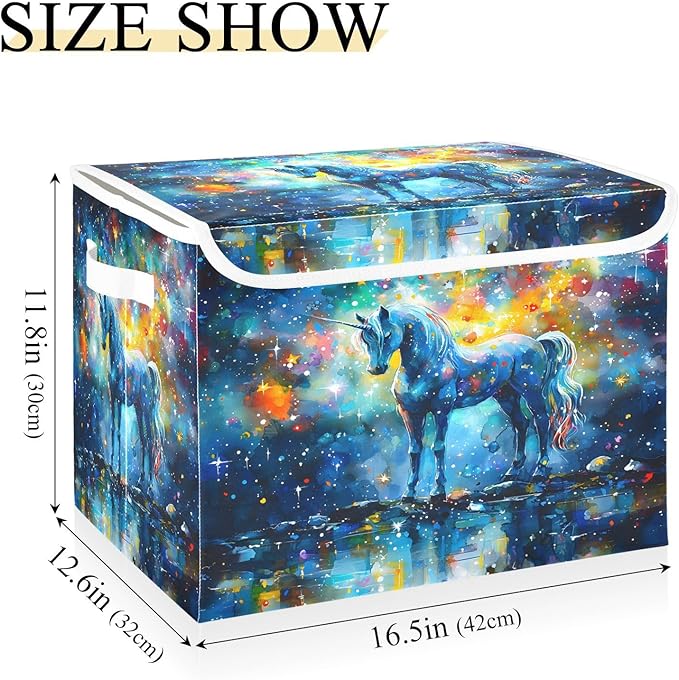 senya Large Storage Bins with Linen Collapsible Foldable Storage Cubes Fabric Closet Organizer Containers box with Flip-Top Lid for Home Bedroom Office 16.7 x 12.6 x 11.8in (Unicorn Stars Pattern)