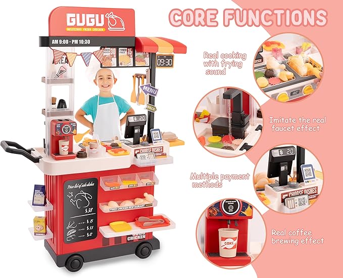 Kids Kitchen Play Set，Interactive Kids Kitchen Play Set with 82Pcs of Kitchen Toys，Realistic Sound Effects，and Simulated Functionality - Suitable for Toddlers (Red Kitchen Play Set)