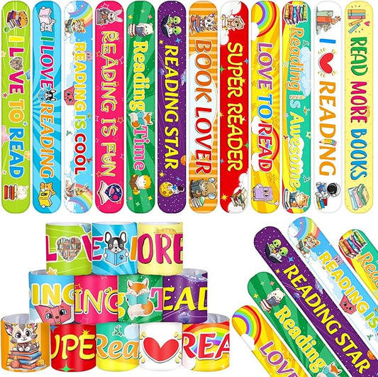 48 Pcs Reading Book Love to Read Slap Bracelets Party Favors, Book Wristbands Bracelets Goodie Bag Fillers for Reading Book Birthday Party Decorations Supplies for Kids Classroom Rewards