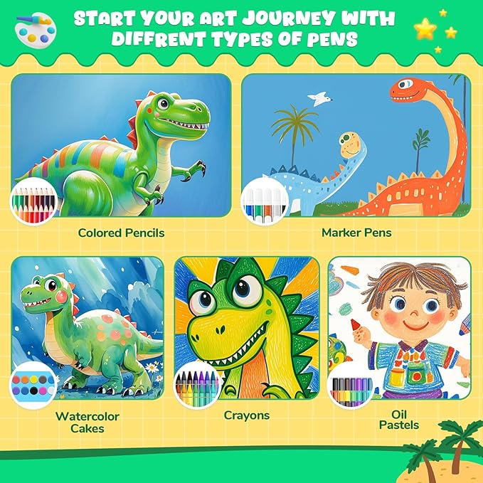 homicozy Art Supplies, Dinosaur Drawing & Coloring Set with Crayons, Colored Pencils, Markers, Sketchbook, Watercolor Cakes, Stencils, Arts and Crafts Painting Kit for Kids Ages 4-10, Girls Boys Gift
