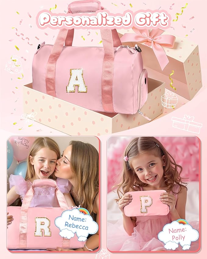 10 Year Old Girl Birthday Gifts-Girl Gym Bag with Shoe Compartment, Kid Personalized Weekender Overnight Bags, Initial Travel Tote with Makeup Pouch, Gift for kids age 4-6 (Letter R)
