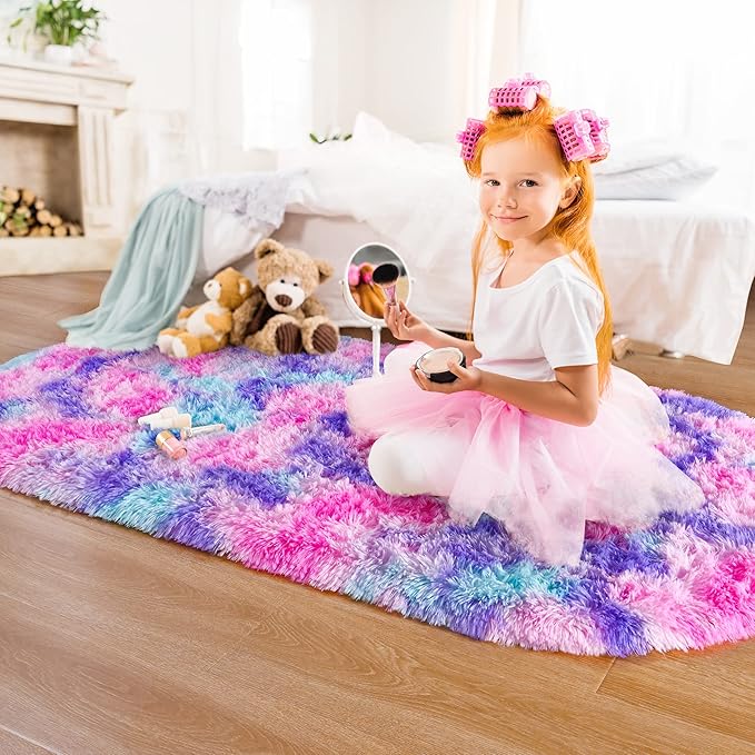 Noahas Oval Fluffy Hot Pink Rainbow Rug 2.6X5.3 Small Kids Rugs for Bedroom Girls Aesthetic,Bedside Bedroom Rug,Ultra Soft Runner Carpet Modern Shaggy Nursery Area Rugs Home Decor