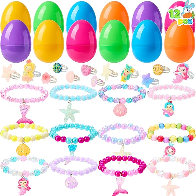 JOYIN 12 Pack Prefilled Easter Eggs with Different Designs of Beads Bracelets and Rings Inside, Jewelry Toys for Easter Basket Stuffers, Kids Egg Hunt, Girls Party Favors, Classroom Prizes Supplies