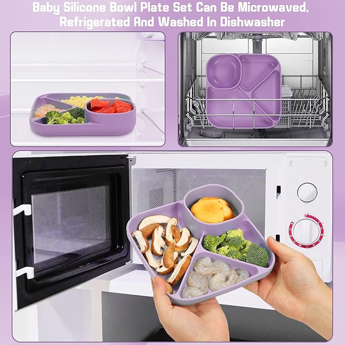 Silicone Baby Feeding Set, Baby Led Weaning Supplies, Silicone Suction Plate, Bowl, Spoons, Fork, Waterproof Bib, Cup and Food Tableware, Eating Utensils Baby Feeding Essentials for 3+ Months