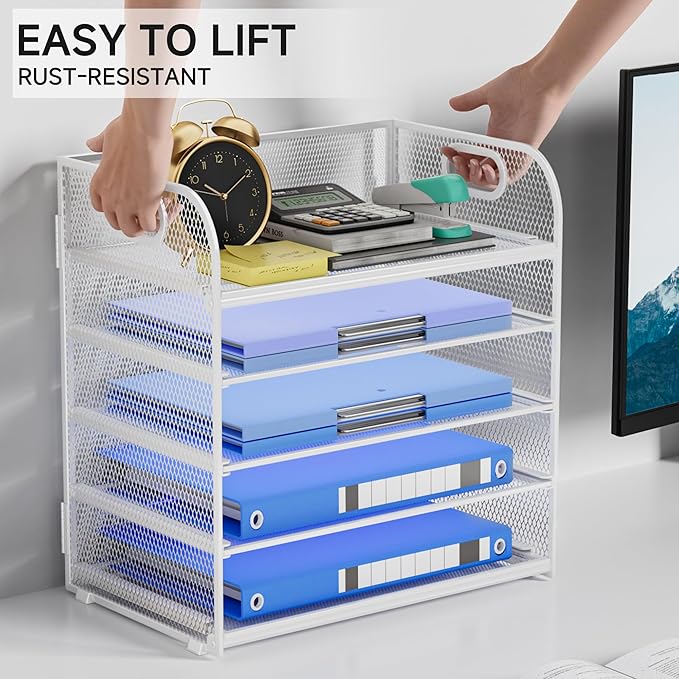 5-Tier Stackable Paper Organizer with Handle, White Metal Mesh Desk Organizer Letter Tray | Office Storage & Organization for Home, School & Workplace