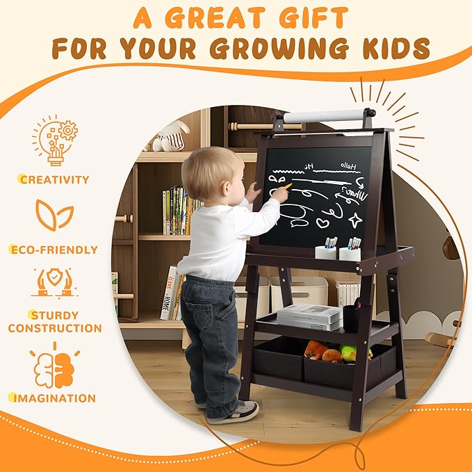 Elevon Art Easel for Kids, Wooden Kids Easel 3 in 1 Adjustable Double Sided, Whiteboard, Chalkboard & Paper Roll, 2-Tier Rack w/ 2 Storage Boxes, Standing Easel for for Painting & Drawing