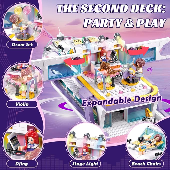 Friends Pink Yacht for Girls 8-12, Cruise Ship Building Toys with 8 Minifigures & 2 Boats, Compatible with Lego Friends Girls Ship, Gifts for Kids Girls Ages 8+, 1108 PCS