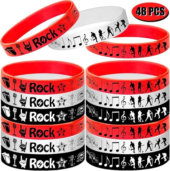 48PCS Rock and Roll Rubber Bracelets Silicone Wristbands -Rock and Roll Music Notes Party Supplies Decorations Guitar Audio Record Microphone Rap Birthday Baby Shower Party Favors