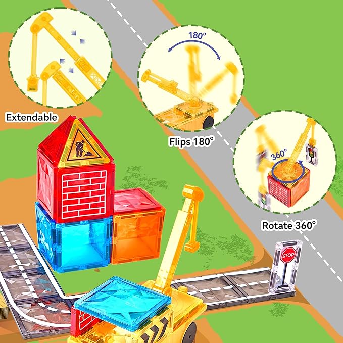 Magnetic Tiles Road Set with Car Crane and Toy Figurine, Construction Tiles Building Blocks Set for Kids Birthday Gifts, Educational STEM Sensory Toys for 3 4 5 6 7 8+ Year Old Toddlers Boys Girls