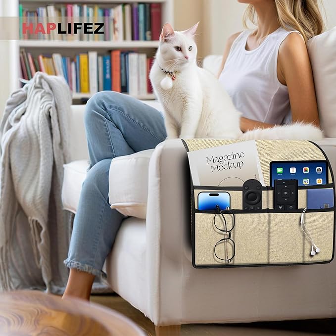 Remote Holder for Recliner Armchair & Couch, Non Slip Sofa Armrest Organizer Caddy with 6 Pockets Thick Linen Fabric Storage for Tablet, Phone, iPad, Magazine, 19x35 Inches, Natural