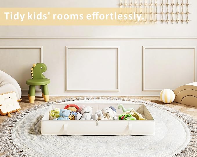 Vailando Side-Supported Under Bed Storage Containers, 6 Inches Tall 60L Underbed Storage Bins with Sturdy Handles and Sidewalls, Closet Organizer for Clothes, Blankets, Seasonal Items, Beige, 2-Pack