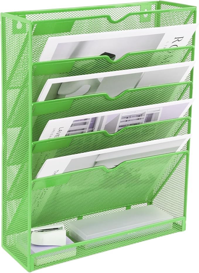 EASEPRES 6 Tier Mesh Hanging Wall File Organizer, Desk Vertical Mail Paper Document Folder Holder Rack with Bottom Tray and Nametag Label for Office Home School, Green