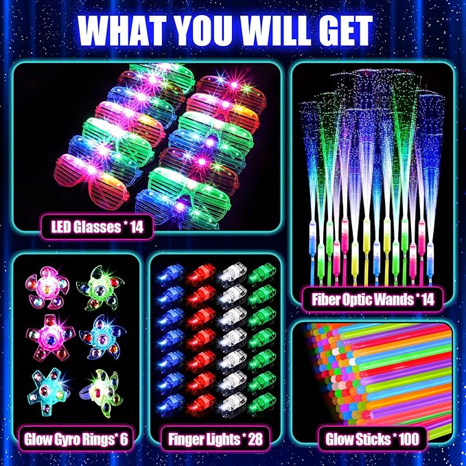 162PCS Glow in the Dark Party Supplies, Light Up Party Favors with 14 LED Glasses,14 Fiber Optic Wands, 6 Gyro Rings, 28 Finger Lights,100 Glow Sticks for Kids Adults Neon Party Decorations