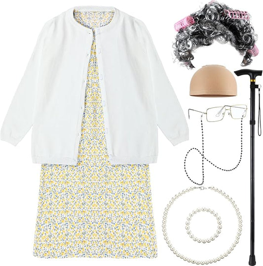 9 Pcs 100 Days of School Costume for Girls Old Lady Costume for Kids Grandma Wig Dress up Cosplay Accessories