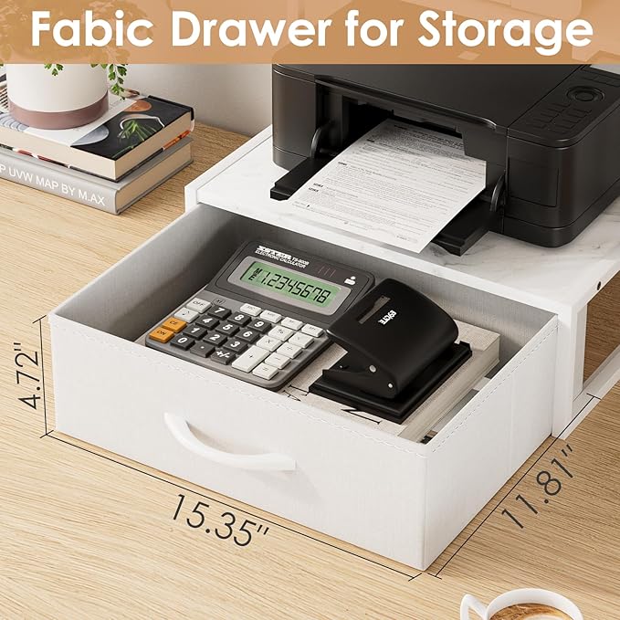 Masupu Printer Stand for Desk, Printer Table with Fabric Storage Drawer, 2 Tier Desktop Shelf, Multi-Purpose Desk Organizer for Home Office, 3D Printer, Fax Machine, Scanner, Marble White
