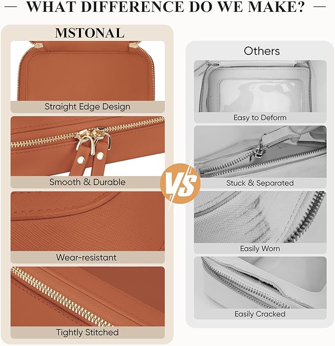 MSTONAL Clear Makeup Bag, Travel Toiletry Bag Cosmetic Case for Women, Waterproof Portable Small Make Up Skincare Pouch with Zipper, Compact Car Organizer Bag for Essentials, Mini Size, Brown