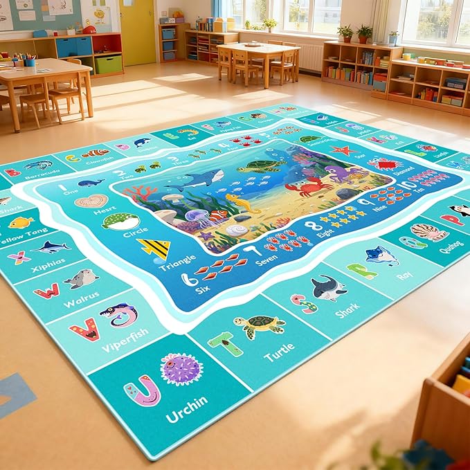 ABC Kids Ocean Rug for Playroom, 8x10ft Alphabet Classroom Rug, Educational Kids Play Mat with Number Shape Animal, Learning Area Rug for Nursery Bedroom Kidsroom, Colorful Non-Slip Washable