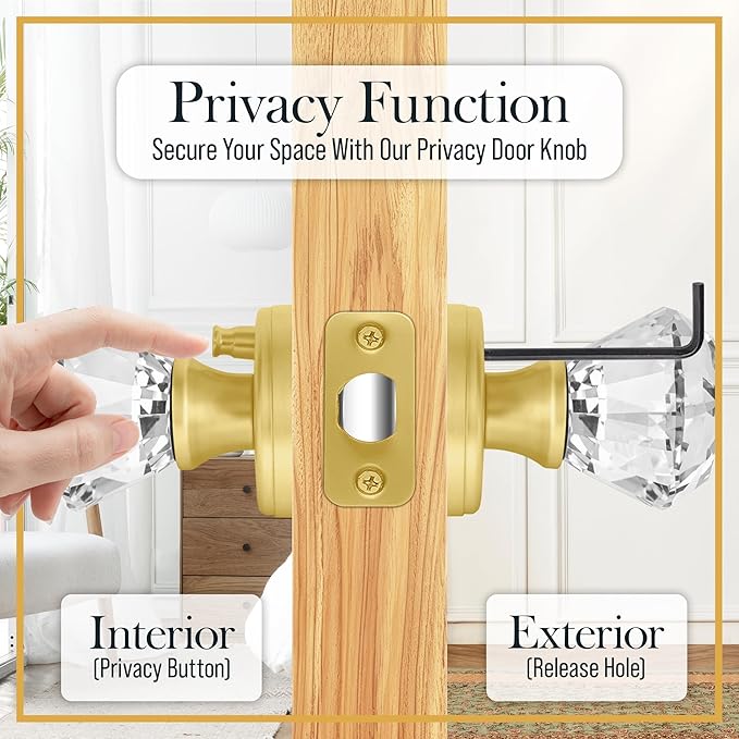Crystal Door Knob with Lock, Glass Door Knobs Interior Privacy/Passage Set, Vintage Decorative Antique Style Handle for Bedroom, Bathroom, Closet (Gold, Privacy Function - 1 Pack)