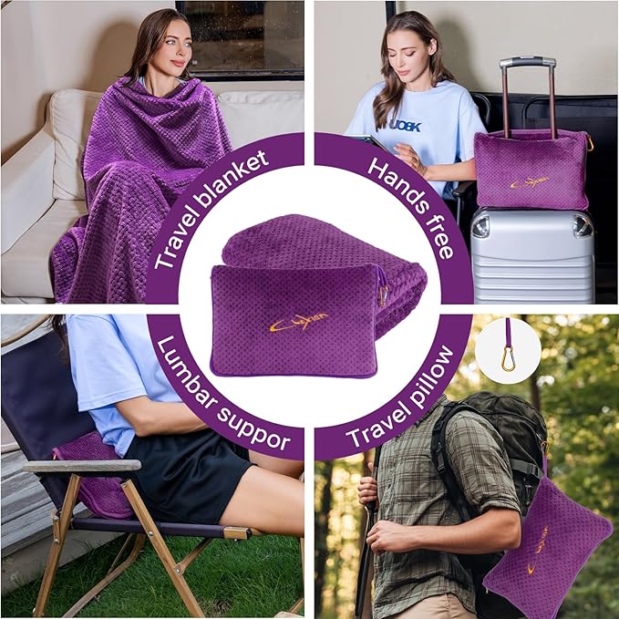 CLEXION Travel Blanket Pillow-Premium Soft 2 in 1 Airplane Blanket for Long Trips Essentials with Bag Pillowcase, Hand Luggage Sleeve and Backpack Clip (Violet)