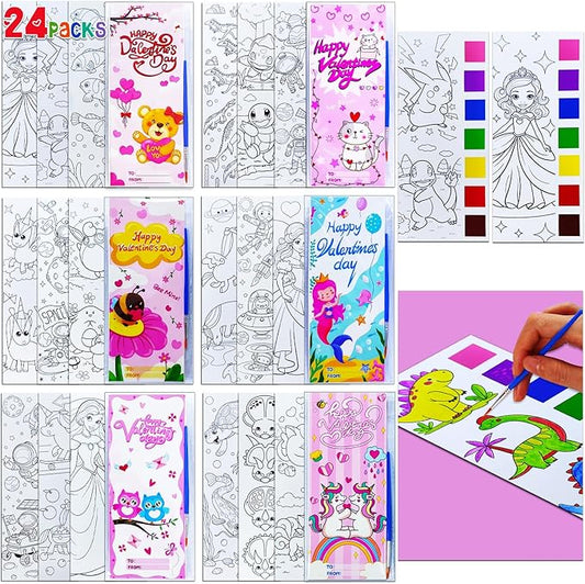 JUNQIU 24 Pack Valentines Day Cards For Kids School, Watercolor Coloring Book Set, Valentines Day Gifts For Kids Classroom Exchange, Paint Party Favors Valentines Crafts