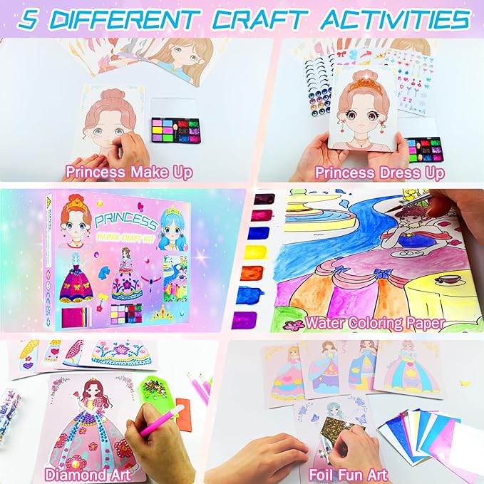 FJBICODA 30 Paper Craft Activities Kits, Arts & Crafts Gifts for Girls Age 5-12, Princess Makeup Play on Paper, Dress Up Game, Foil Fun & Diamond Art, Creative Toy for 5 6 7 8 9 10 11 12 Year Old Kid
