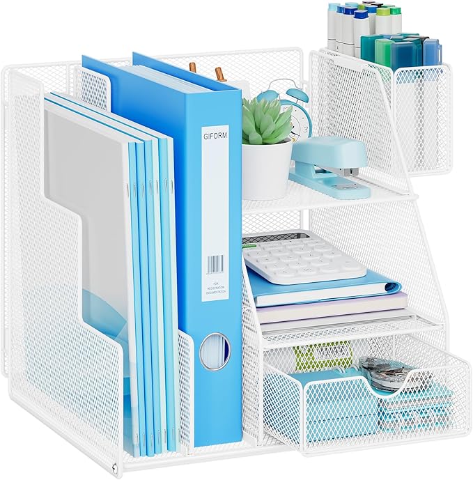 Marbrasse Desk Organizer and Accessories, 3-Tier File Organizer with Drawer and Pen Holder, Small Desktop Organizer and Storage for Workspace Office Supplies White