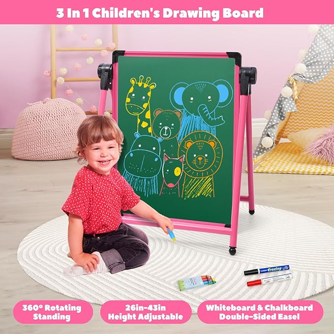 Kids Art Easel Double-Sided Easel Designed with Height Adjustable Function & Large Storage Bag Whiteboard & Chalkboard 360°Rotating Kids Drawing Easels for Kids Toddlers (26inch-43inch)