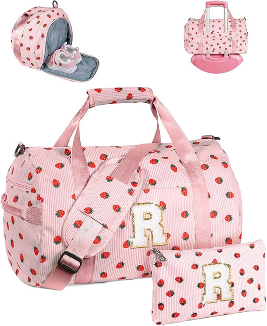 Teen Girl Birthday Gifts, Girls Gym Bag, Kids Personalized Weekend Duffel Bags with Shoe Compartment, Initial Travel Tote with Makeup Bag, Gift for 3 4 5 6 7 8 9 Year Old Kid (Letter R)