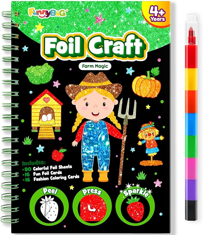 Foil Art Craft Activity for Kids: Fun DIY Toy Sticker Kit, No Mess Creative Travel Supply Set, Idea Birthday Easter Basket Stuffers Valentines Gift for Girl Boy Toddler 4 5 6 7 8 9 Year Old (Farm)