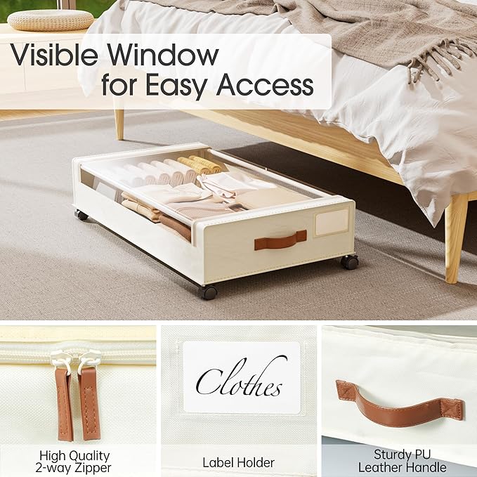 Yecaye Under Bed Storage with Wheels, 2 Pack Under Bed Storage Containers, 60L Underbed Shoe Storage with Clear Window & Label, Rolling Under Bed Metal Drawer for Clothes, Shoes, Books, Blankets