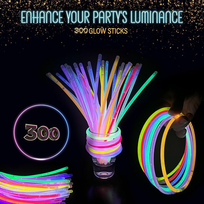 GemPrime 300 Pack Super Bright Glow Sticks Bulk Glow in the Dark Party Supplies - Assorted Colors for Party Favors, Long Lasting Neon Party Decorations with Connectors for Bracelets and Necklaces