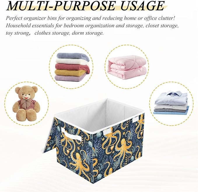 senya Large Storage Bins with Linen Collapsible Foldable Storage Cubes Fabric Closet Organizer Containers box with Flip-Top Lid for Home Bedroom Office 16.7 x 12.6 x 11.8in (Octopus and Water Grass)