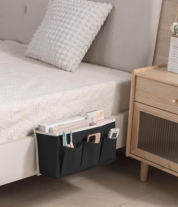 Bedside Caddy/Bedside Storage Organizer Hanging Bag with Three Options,Suitable for home beds, sofas, and dormitory beds—can hold magazines, books, phones, iPads, remote controls. (Black)
