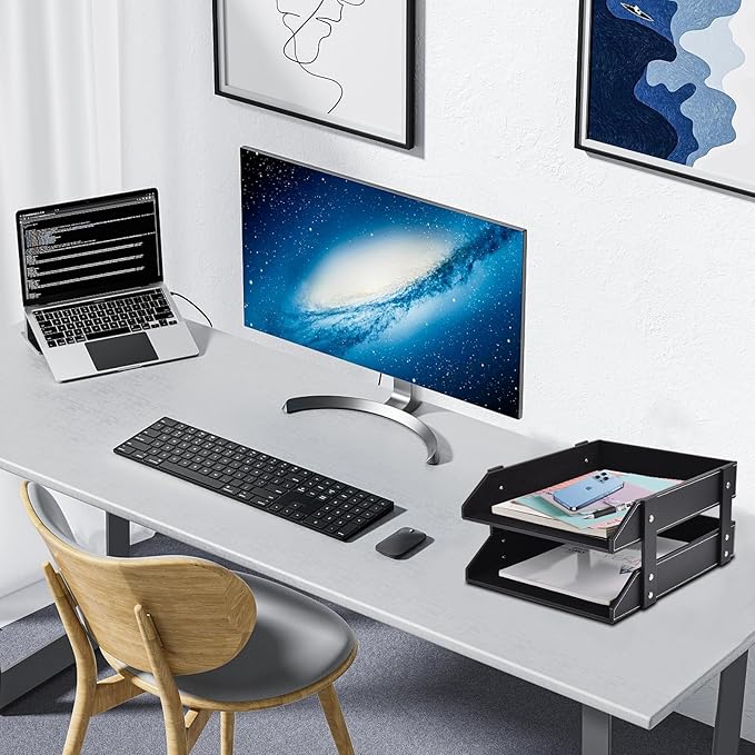 XNONE Leather Desk Organizer,2-Tier Stackable Letter Tray Holder,Office Supplies Desktop Storage Box for Document,Stationery,Magazines,Newspapers,Letters and Other Home Office Paper Sundries,Black